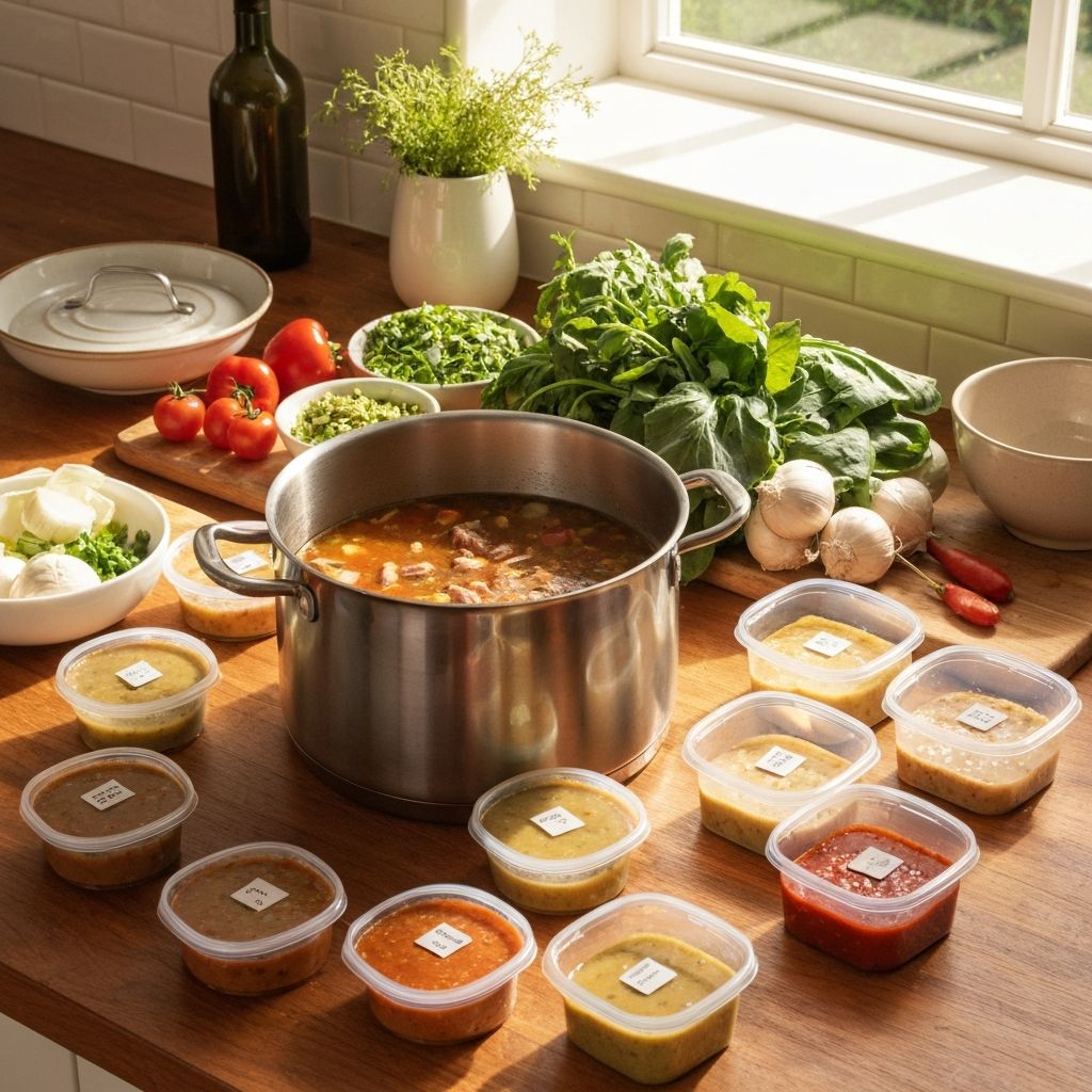 Large cooking pot with prepared soup base and stew components ready for portioning