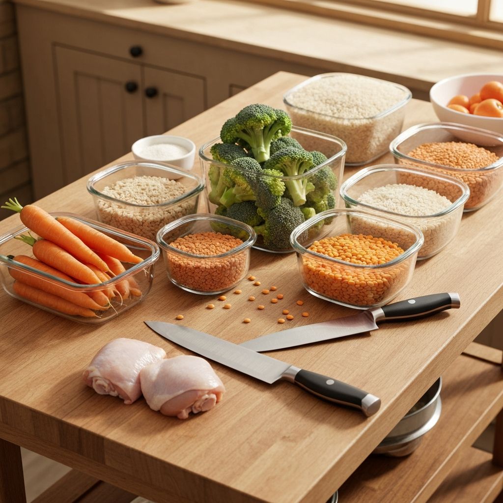 Multiple containers with sorted ingredients prepared for batch cooking